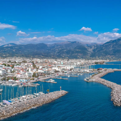 Idyllic,Landscape,Flying,Above,Kalamata's,Marina,At,Sunset.,Aerial,Photo